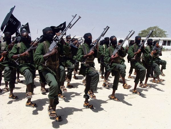 Hundreds of newly trained al-Shabab fighters perform military exercises in the Lafofe area some 18km south of Mogadishu, Somalia, in 2011. Photo: AP Photo/Farah Abdi Warsameh, File