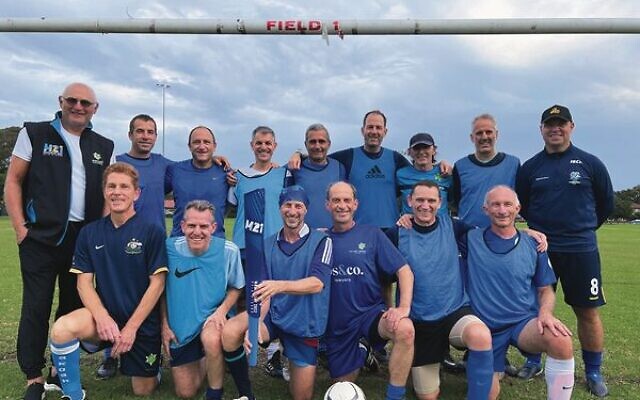 Australia's over-55 men's football Maccabiah Games team members at a training session in Sydney. Photo: Robi Karp