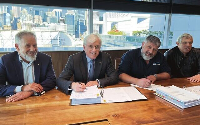 Signing the agreement (from left): Hakoah Development Committee co-chair Phillip Wolanski, Hakoah president Steven Lowy, Parkview Constructions executive chairman Tony Touma and Hakoah director Phil Green.