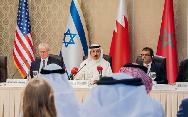 From left: Israel's Foreign Ministry Director-General Alon Ushpiz, Bahrain's Undersecretary for International Affairs Sheikh Abdullah bin Ahmed Al Khalifa and Director-General of Morocco's Foreign Ministry Fouad Yazur at the meeting. Photo: Bahrain Foreign Ministry