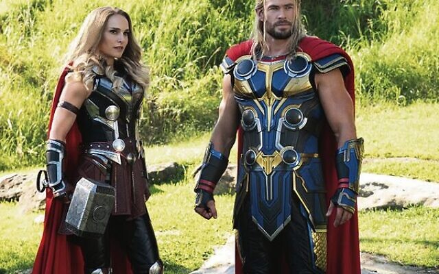 Natalie Portman and Chris Hemsworth in Thor: Love and Thunder. 
Photo: Jasin Boland/Marvel Studios