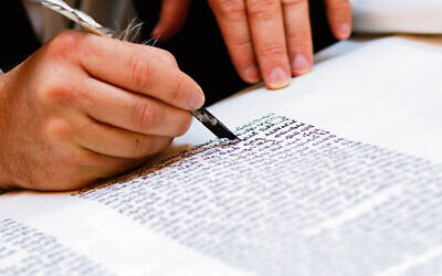 Final letters being filled in on a new torah by sofer Eli Gutnick. Photo: Peter Haskin