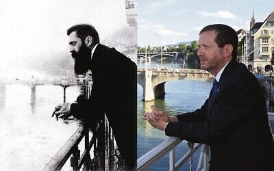 Theodor Herzl (left) on the balcony of the Hotel Les Trois Rois in Basel, Switzerland in 1897 and President Isaac Herzog on the same balcony this week. Photo: GPO