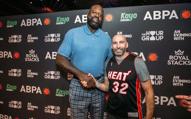 Shaquille O'Neal with Jonathan Lemish from Maccabi NSW Basketball Club at The Star Sydney.