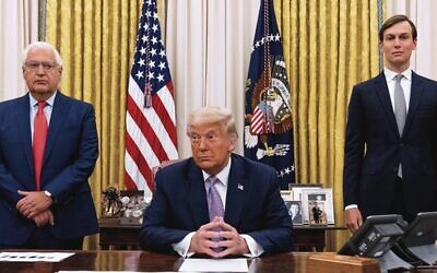 From left: David Friedman, Donald Trump and Jared Kushner in the Oval Office in 2020. Photo: AP/Andrew Harnik