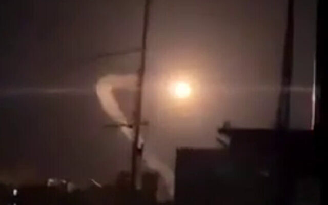 Still from a video said to show a rocket fired from Gaza in a failed launch that skewed back and blew up inside the Strip, August 6, 2022 (Twitter screenshot)