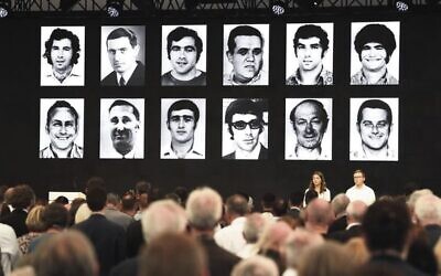 Portraits of the victims are displayed at the end of a ceremony to mark the 50th anniversary of the 1972 Munich Olympics massacre.
 Photo: Thomas Kienzle/AFP