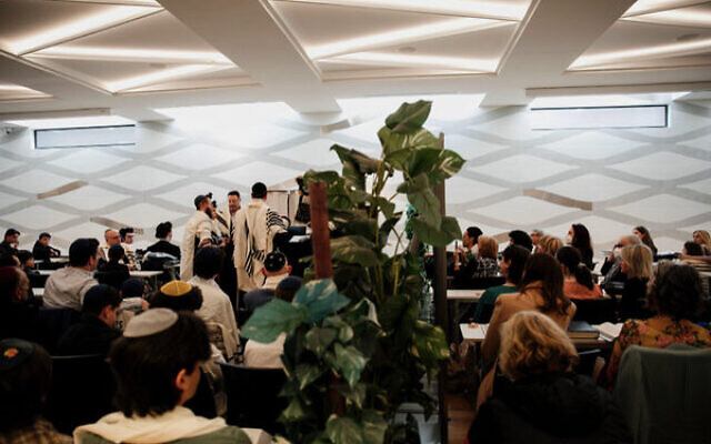The new Nefesh synagogue filled with people at a recent service.