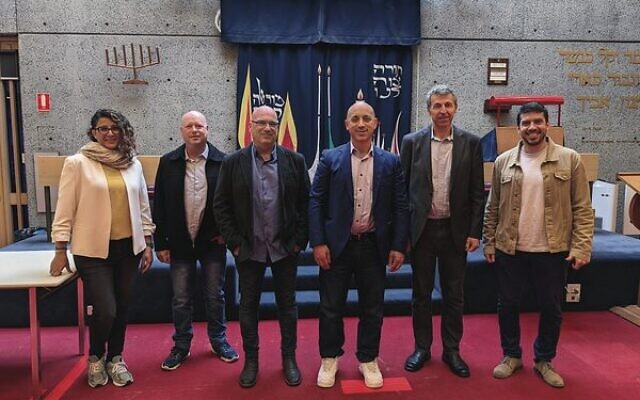 From left: Elite Paz, Yahel Ben-Aris, Ofir Libstein, Jonathan Greenblatt, Dan Springer and Eldad Shoham at Mount Scopus Memorial College.