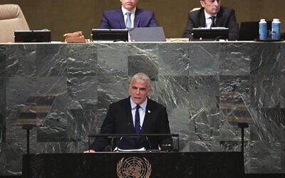 Israeli Prime Minister Yair Lapid speaking at the United Nations General Assembly. 
Photo: Avi Ohayon/GPO