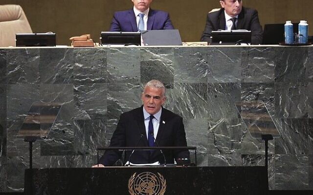 Israeli Prime Minister Yair Lapid speaking at the United Nations General Assembly. 
Photo: Avi Ohayon/GPO