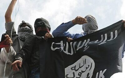 Fighters holding up an Islamic State flag. Photo: AFP/Tauseef Mustafa