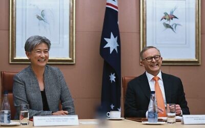 Foreign Minister Penny Wong and Prime Minister Anthony Albanese at Parliament House in Canberra. Photo: Lukas Coch/Pool via AP