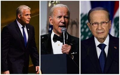 From left: Israel's Prime Minister Yair Lapid, US President Joe Biden and Lebanese President Michel Aoun. Photo: Collage/AP