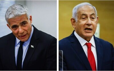 A composite image of Yair Lapid (left) and Benjamin Netanyahu leading their respective Likud and Yesh Atid faction meetings at the Knesset in November 2021. 
Photo: Olivier Fitoussi/Flash90