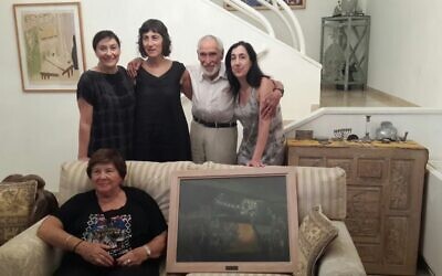 Standing from left: Mimi, Shelley, Harold and Jackie. Seated is Harold’s wife Myra next to the painting.