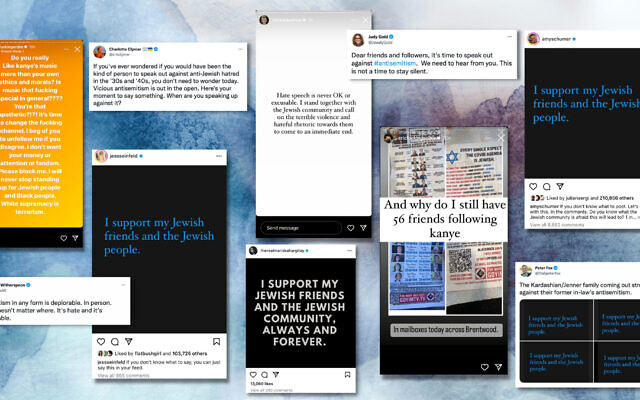 On Sunday and Monday, celebrities shared an Instagram post in solidarity with Jews dealing with antisemitism. Photo: screenshots via Twitter, Instagram/Design by Jackie Hajdenberg