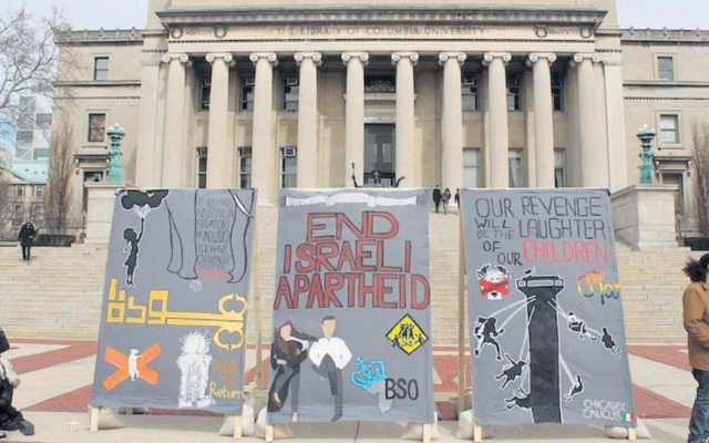 Anti-Israel students at Columbia University erected a mock ‘apartheid wall’ in front of the iconic Low Library steps during Israel Apartheid Week, March 3, 2020. Photo: Uriel Heilman/Times of Israel