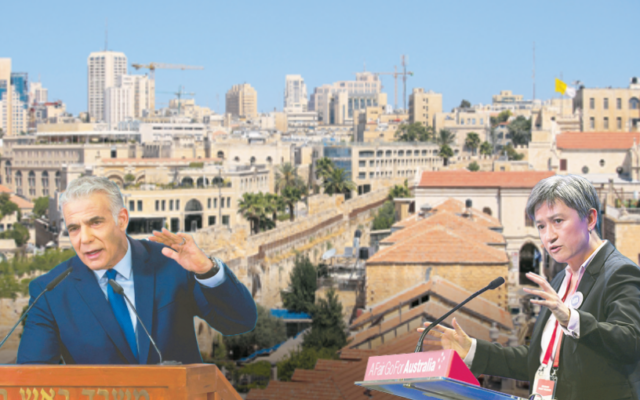 The skyline of west Jerusalem and (inset) Yair Lapid and Penny Wong. Jerusalem Photo: Roberto Giovannini/Dreamstime.com