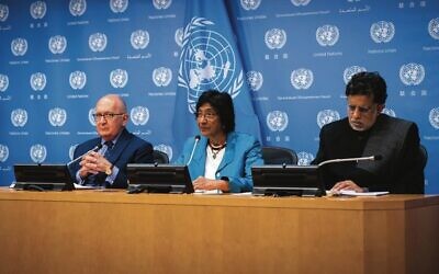 From left: commissioners Chris Sidoti, Navi Pillay and Miloon Kothari at the United Nations in New York. 
Photo: Luke Tress/Times of Israel