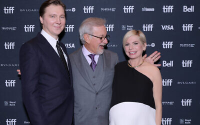 Paul Dano, Steven Spielberg and Michelle Williams attend The Fabelmans premiere. Photo: Michael Loccisano/Getty Images via JTA