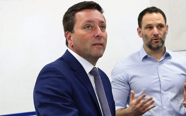 Matthew Guy (left), at CSG with its CEO Justin Kagan last month. 
Photo: Peter Haskin