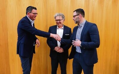 From left: Premier Daniel Andrews, Labor candidate for Caulfield Lior Harel and CEO of CSG Justin Kagan. Photo: Peter Haskin