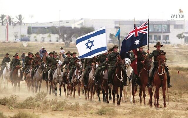 Australian men and women recreate the last cavalry charge of the Battle of Be'er Sheva on October 31, 2012. Photo: EPA/JIM HOLLANDER