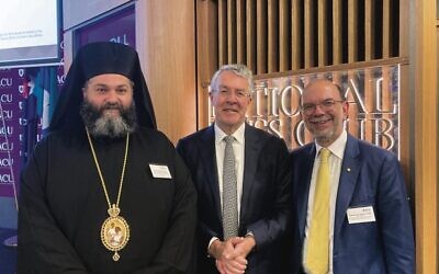 From left: Archiepiscopal Vicar of Canberra Bishop Bartholomew, Attorney General Mark Dreyfus, Rabbi Ralph Genende.