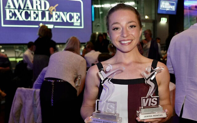 Jemima Montag holding her Award of Excellence and her Open Universities Australia Performance Lifestyle Award at the 2022 Victorian Institute of Sport awards night on November 24. Photo: Victorian Institute of Sport