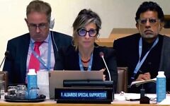 UN Special Rapporteur Francesca Albanese (centre) addresses the UN, October 2022. Photo: Screenshot/YouTube