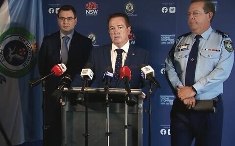 From left: NSW Jewish Board of Deputies CEO Darren Bark, NSW Deputy Premier Paul Toole and Assistant Commissioner Mark Walton at the press conference on Monday.
