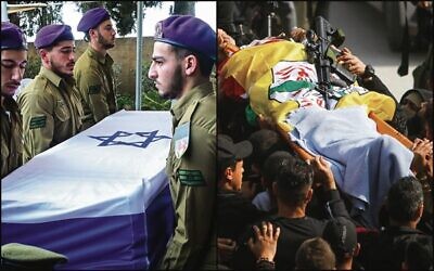 Left: Soldiers carry the coffin of Staff Sgt. Ido Baruch, killed in a shooting attack in the West Bank in October. Right: Palestinian gunmen and mourners carry the body of Raafat Ayassah, killed during clashes with Israeli security forces in November. 
Photos: Avshalom Sassoni; Nasser Ishtayeh/Flash90