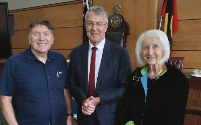 From left: Mike Zervos, CEO Courage to Care, Attorney-General Mark Dreyfus and Judi Schiff, foundation member of Raoul Wallenberg Unit.