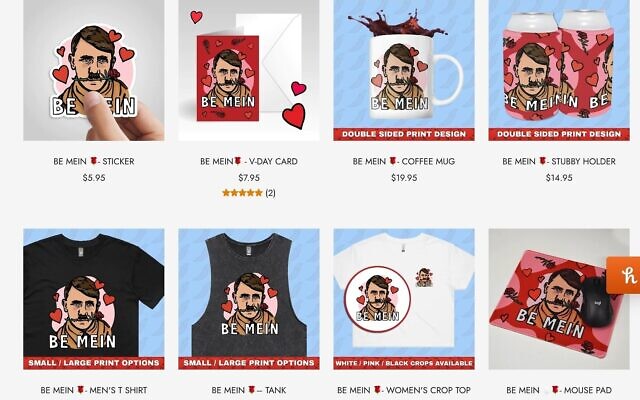 An undated screenshot showing some of the Valentine's Day products bearing Hitler's image that were listed and later removed from the website of Australian company Spicy Baboon. Photo: Anti-Defamation Commission