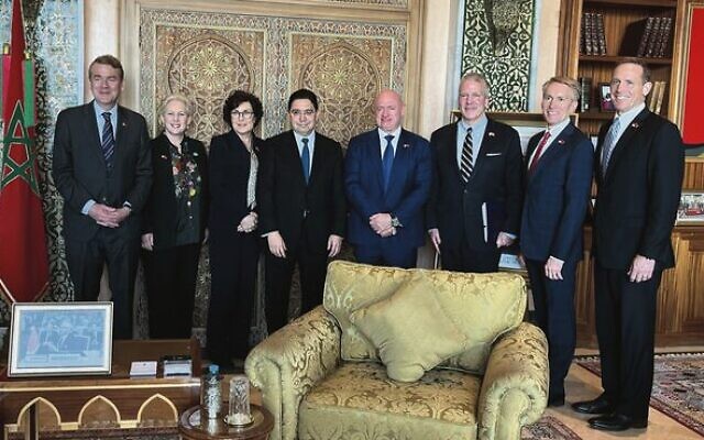 The US delegation in Rabat with Moroccan Foreign Minister Nasser Bourita (fourth from left) prior to arriving in Israel. 
Photo: Jacky Rosen/Twitter