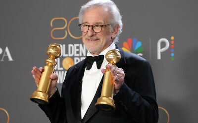 Steven Spielberg poses with the awards for best director and best picture for The Fabelmans at the 80th Annual Golden Globe Awards in 2023. Photo: Kevin Mazur/Getty Images via JTA