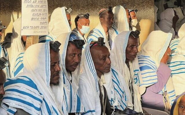 Jewish Ethiopian men at prayer.