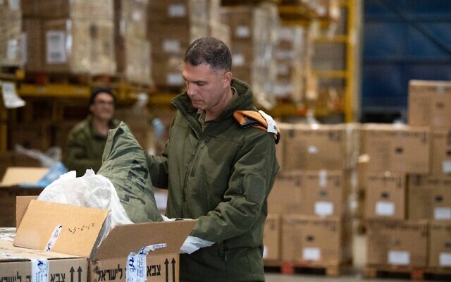 An IDF Home Front Command soldier prepares a shipment of aid and equipment for the search and rescue team departing to assist Turkey in the wake of a deadly earthquake. Photo: Israel Defense Forces