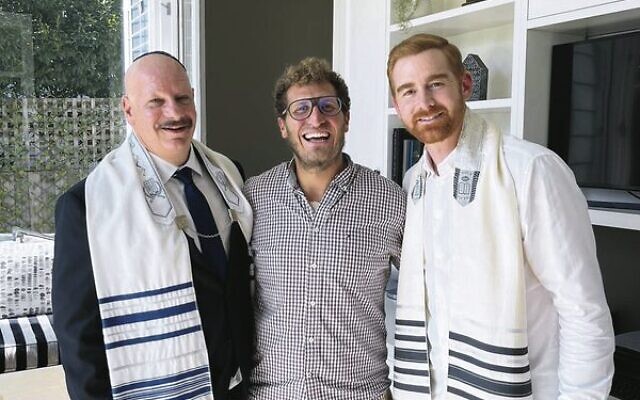 From left: Jeff Ross, Rabbi Gabi Kaltmann and Andrew Santino on the set of Ricky Stanicky.