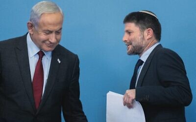 Benjamin Netanyahu and Bezalel Smotrich at a press conference at the Prime Minister's Office in January. Photo: Yonatan Sindel/Flash90
