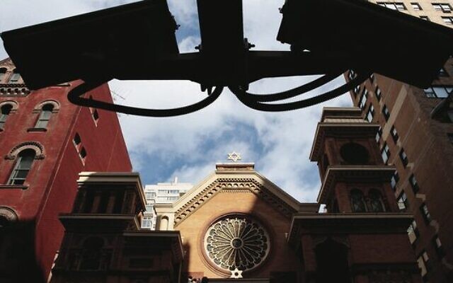 Security cameras hang across the street from the Park East Synagogue in New York City. Photo: Drew Angerer/Getty Images