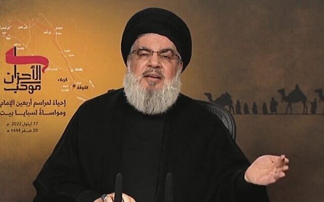 Hezbollah leader Hassan Nasrallah during a televised speech in 2022.
 Photo: Twitter screenshot