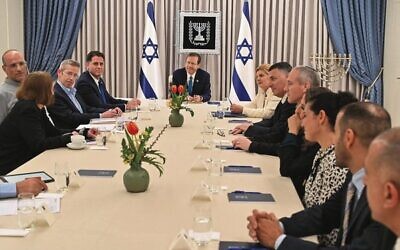 President Isaac Herzog hosts delegations from Likud, Yesh Atid and National Unity for judicial negotiations at his residence in Jerusalem. Photo: Kobi Gideon/GPO