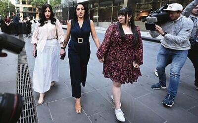 From left: Nicole Meyer, Elly Sapper, and Dassi Erlich leave after speaking to media outside the County Court of Victoria during Malka Leifer's trial. Photo: AAP Image/Joel Carrett