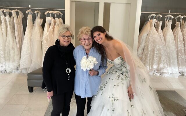 From left: Nancy Aucone, Hedda Kleinfeld Schachter, and granddaughter Chloe Schachter at the Wedding Salon of Manhasset. Photo: supplied by Ilana Schachter