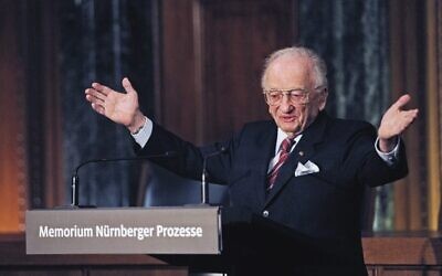 Ferencz speaking at an exhibition commemorating the Nuremberg war crimes trials in Nuremberg in 2010. Photo: Armin Weigel/Pool Photo via AP, File