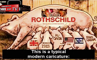 A screenshot from the Russian Channel 1 segment depicting the Rothschilds as a sow, and Israel, the CIA, MI6, ISIS, Al-Qaeda, and Boko Haram as suckling piglets. Photo: Screenshot/MEMRI-TV