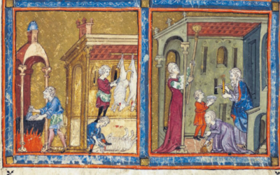 Part page from the Golden Haggadah, probably Barcelona, c. 1320. Right: cleaning of the house. Left: slaughtering the Passover lamb and cleansing dishes. Photo: Wikipedia.com
