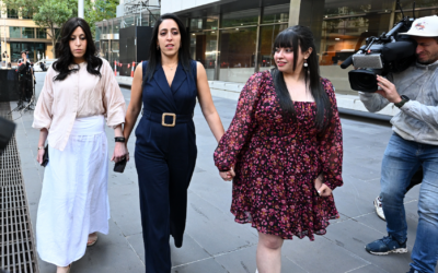 From left: Nicole Meyer, Elly Sapper, and Dassi Erlich leave after speaking to media outside the County Court of Victoria on Monday afternoon. Photo: AAP Image/Joel Carrett